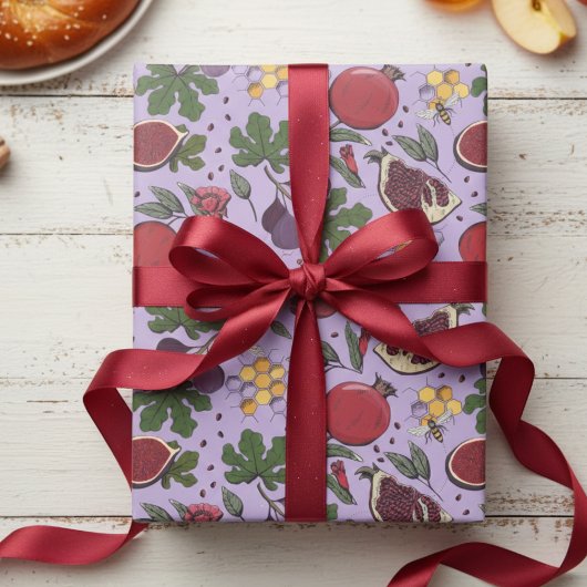 Granatäpfel, Feigen und Honigbienen Lila Geschenkpapier
