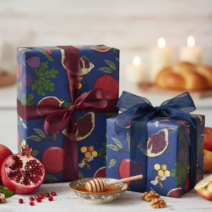 Granatäpfel, Feigen und Honigbienen Navy Blau Geschenkpapier