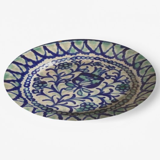 Granatapfel-handgemachte blaue u. weiße Tonwaren Pappteller (Schrägansicht)