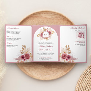 Granatapfel Rosa Florale Pampas QR Code Hochzeit Dreifach Gefaltete Einladung