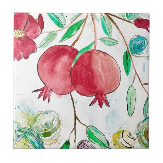Granatapfel, rote Früchte Küche Aquarellkost Fliese (Vorderseite)