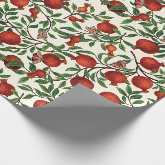 Granatäpfel und Bella Moths auf weißem Boden Geschenkpapier (Ecke)