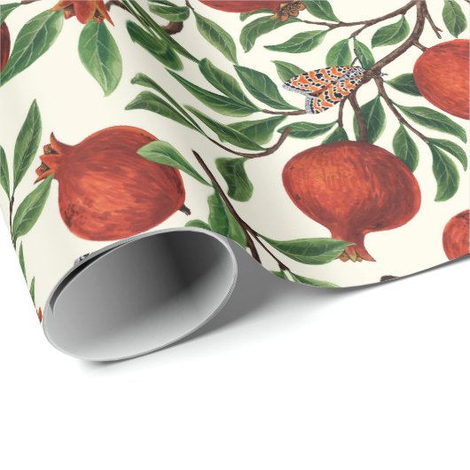 Granatäpfel und Bella Moths auf weißem Boden Geschenkpapier (Rolleneckpunkt)