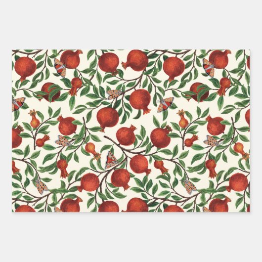 Granatäpfel und Bella Moths auf weißem Boden Geschenkpapier Set (Vorderseite)