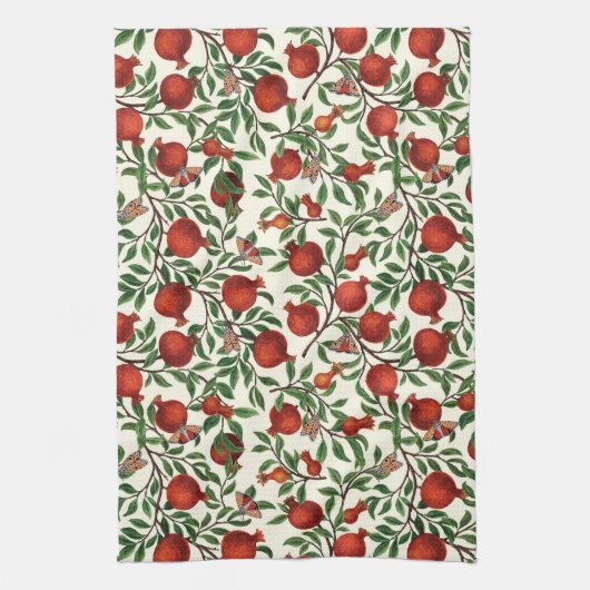 Granatäpfel und Bella Moths auf weißem Boden Geschirrtuch (Vertikal)