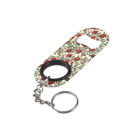 Granatäpfel und Bella Moths auf weißem Boden Mini Flaschenöffner (Rückseite Schrägansicht)