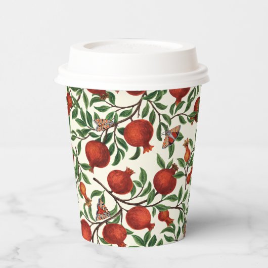 Granatäpfel und Bella Moths auf weißem Boden Pappbecher (Links)