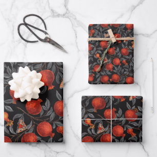Granatäpfel und Bella-Motten in Rot und Grau Geschenkpapier Set