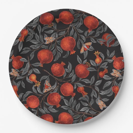 Granatäpfel und Bella-Motten in Rot und Grau Pappteller (Vorderseite)