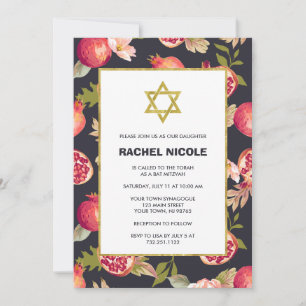 Granatäpfel und Blume mit Gold Bat Mitzvah Einladung