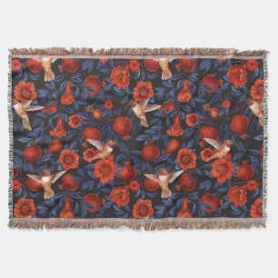 Granatapfel und Kolibris/blaue Blätter auf schwarz Decke