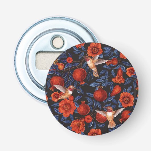 Granatapfel und Kolibris/blaue Blätter auf schwarz Flaschenöffner (Vorderseite)