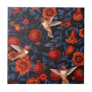 Granatapfel und Kolibris/blaue Blätter auf schwarz Fliese