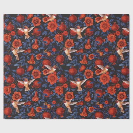 Granatapfel und Kolibris/blaue Blätter auf schwarz Geschenkpapier (Flach)