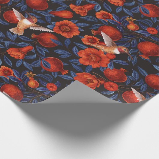 Granatapfel und Kolibris/blaue Blätter auf schwarz Geschenkpapier (Ecke)