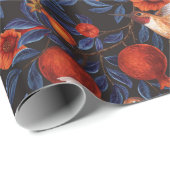 Granatapfel und Kolibris/blaue Blätter auf schwarz Geschenkpapier (Rolleneckpunkt)