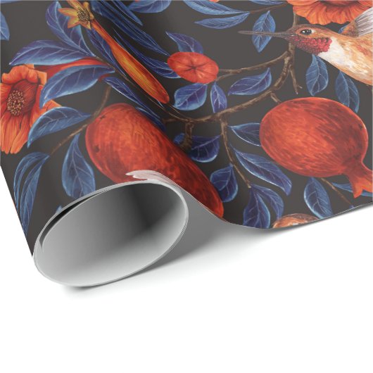 Granatapfel und Kolibris/blaue Blätter auf schwarz Geschenkpapier (Rolleneckpunkt)