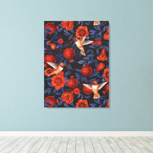 Granatapfel und Kolibris/blaue Blätter auf schwarz Leinwanddruck (Insitu (Holzboden))