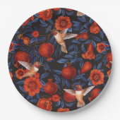 Granatapfel und Kolibris/blaue Blätter auf schwarz Pappteller (Vorderseite)