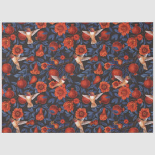 Granatapfel und Kolibris/blaue Blätter auf schwarz Seidenpapier