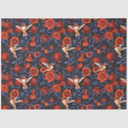 Granatapfel und Kolibris/blaue Blätter auf schwarz Seidenpapier (Vorderseite)