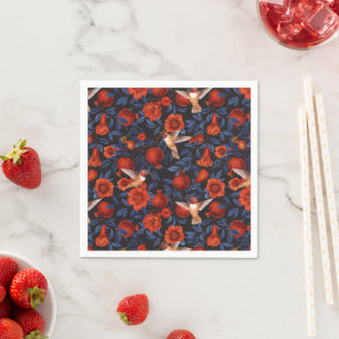 Granatapfel und Kolibris/blaue Blätter auf schwarz Serviette