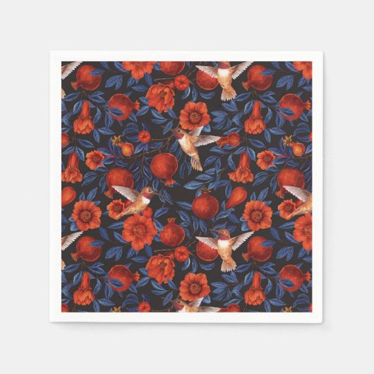 Granatapfel und Kolibris/blaue Blätter auf schwarz Serviette (Vorderseite)