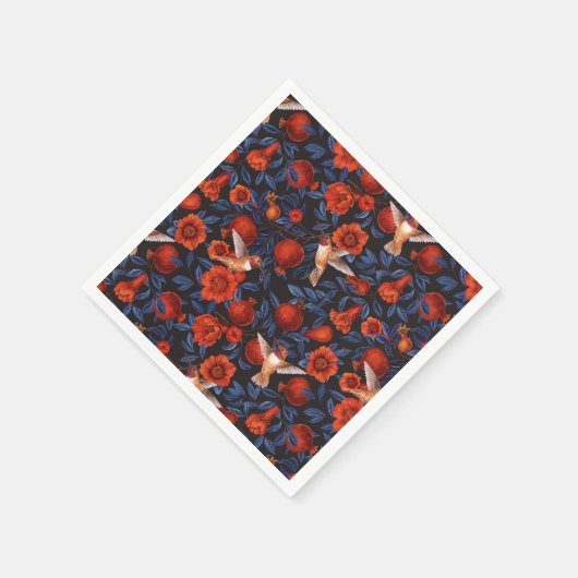 Granatapfel und Kolibris/blaue Blätter auf schwarz Serviette (Ecke)