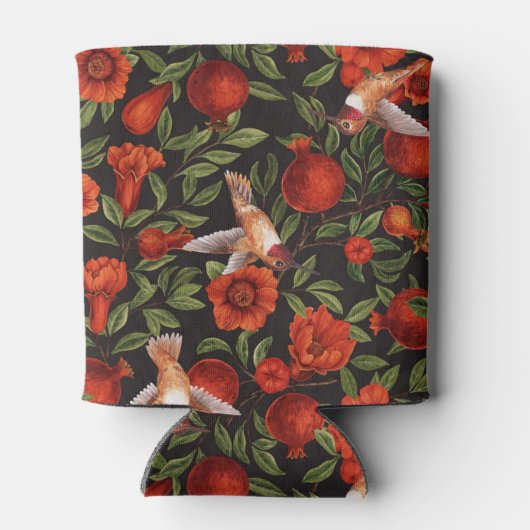 Granatäpfel und Kolibris/grüne Blätter auf Blau Dosenkühler (Rückseite)