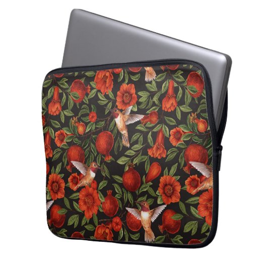 Granatäpfel und Kolibris/grüne Blätter auf Blau Laptopschutzhülle (Vorderseite Links)