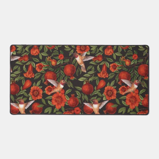 Granatäpfel und Kolibris/grüne Blätter auf Blau Schreibtischunterlage (Vorderseite)