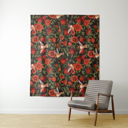 Granatäpfel und Kolibris/grüne Blätter auf Blau Wandteppich (Beispiel)