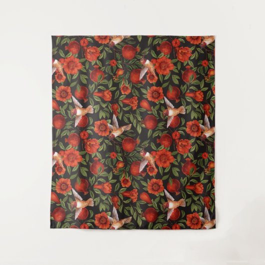 Granatäpfel und Kolibris/grüne Blätter auf Blau Wandteppich (Vorderseite)