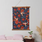 Granatäpfel und Kolibris/grüne Blätter auf Blau Wandteppich Mit Holzrahmen (Schlafzimmer)