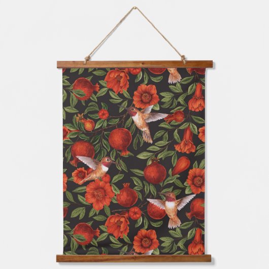 Granatäpfel und Kolibris/grüne Blätter auf Blau Wandteppich Mit Holzrahmen (Vorderseite)