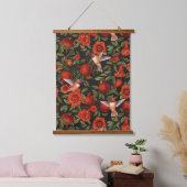 Granatäpfel und Kolibris/grüne Blätter auf Blau Wandteppich Mit Holzrahmen (Schlafzimmer)