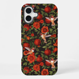 Granatäpfel und Kolibris/grüne Blätter auf schwarz iPhone 16 Plus Hülle