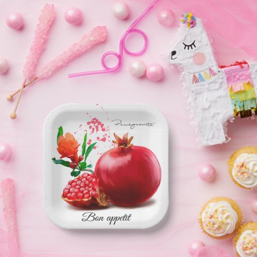 Granatapfel und Spritzer. Aquarellbild Pappteller (Party)