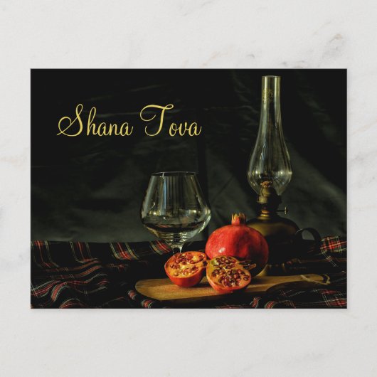 Granatäpfel, Wein und Öllampe Rosh Hashanah Postkarte (Vorderseite)