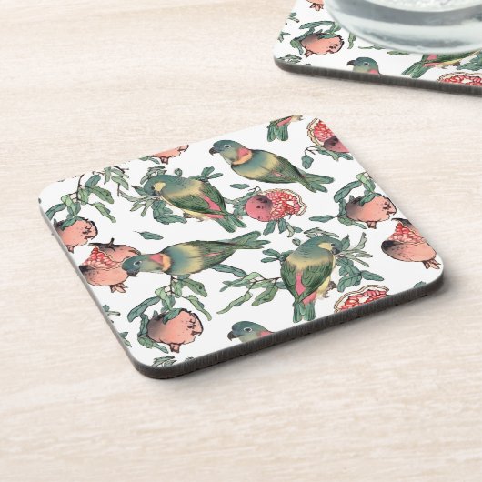 Granatapfelfrucht & Lovebirds Muster Getränkeuntersetzer (Linke Seite)