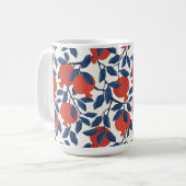 Granatapfelmuster, lebhaftes Rot und Blau, botanis Kaffeetasse (Vorderseite Links)