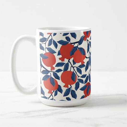 Granatapfelmuster, lebhaftes Rot und Blau, botanis Kaffeetasse (Links)