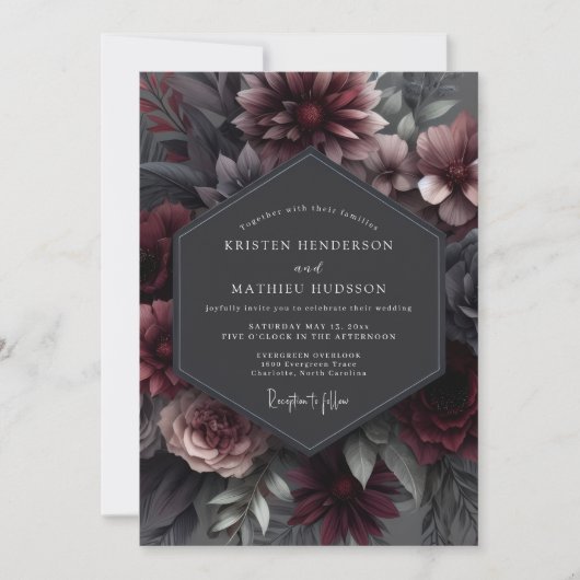 Granatrote Somber Bloom Hochzeit Einladung (Vorderseite)