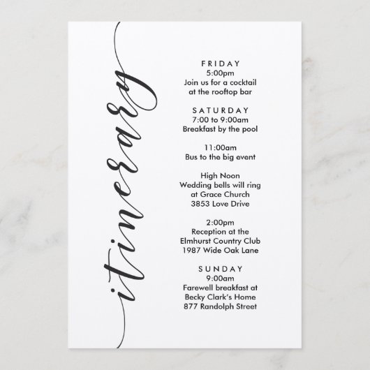 Grand Cayman Wedding Welcome Letter & Tour Programm (Rückseite)