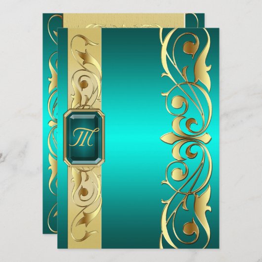 Grand Duke Aquamarin Jewel Gold Scroll Aquamarin E Einladung (Vorne/Hinten)