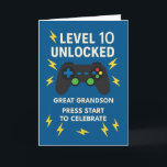 Grand Grandson 10. Geburtstagsspiel-Controller-Alt Karte<br><div class="desc">Stufe 10 und lieben es! Feiern Sie den zweistelligen Geburtstag Ihres Urenkelns mit dieser Spielerkarte, die mit fett formatierter Grafik, einem Spielcontroller und Blitzschrauben gefüllt ist, die den Spaß erfassen. "Level 10 Unlocking" macht es perfekt für jeden Jungen, der stark, klug und voller Geist aufwächst. Die Geburtstagsbotschaft lasse ihm zu...</div>