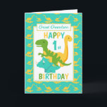 Grand Grandson Dinosaurier 1. Geburtstag Blau Karte<br><div class="desc">Eine lustige 1. Geburtstagskarte. Diese helle erste Geburtstagskarte verfügt über einen Cartoon grünen T-Rex Dinosaurier, einen gelben Brontosaurus und einen blauen Triceratops, ein Set auf einem blauen und gelben Dinosaurier Hintergrund Ein schönes niedliches Design für Ihren großen Grandson oder Großen Nephew Jungen, der ein Jahr alt wird. Das Geburtstagsalter und...</div>