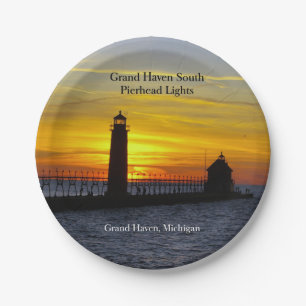 Grand Haven South Pierhead Lights Sonnenuntergang Pappteller