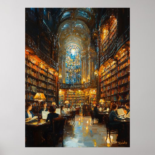 Grand Library Interior in Impressionist Style Poster (Vorne)