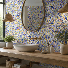 Grand Mosaic Blue and Gold Floral Mediterranean Fliese